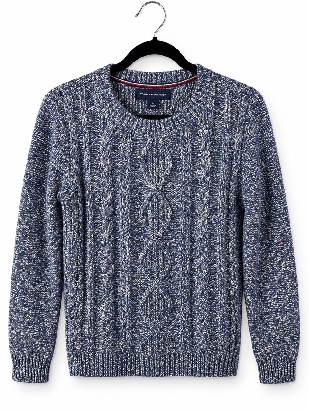 Tommy Hilfiger Men’s Blue Marled Cable Knit Sweater Small Crew Neck Preppy